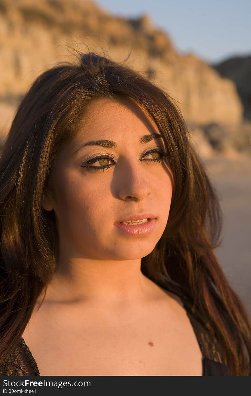 Brunette Woman looking thoughtful on the beach