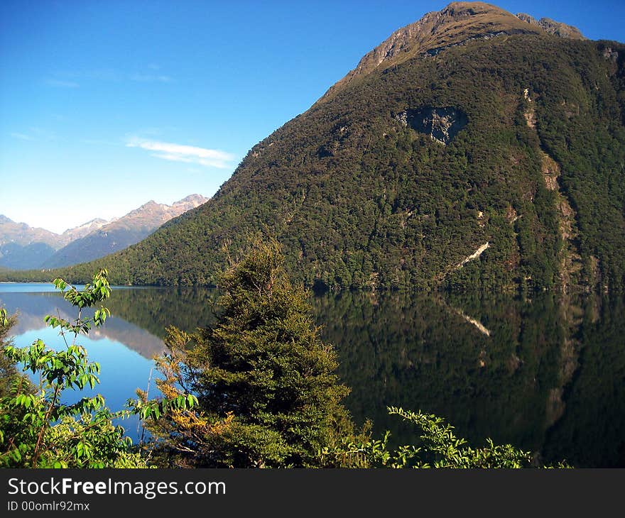 Mirror Lakes in south New Zealand by Milford Sound.