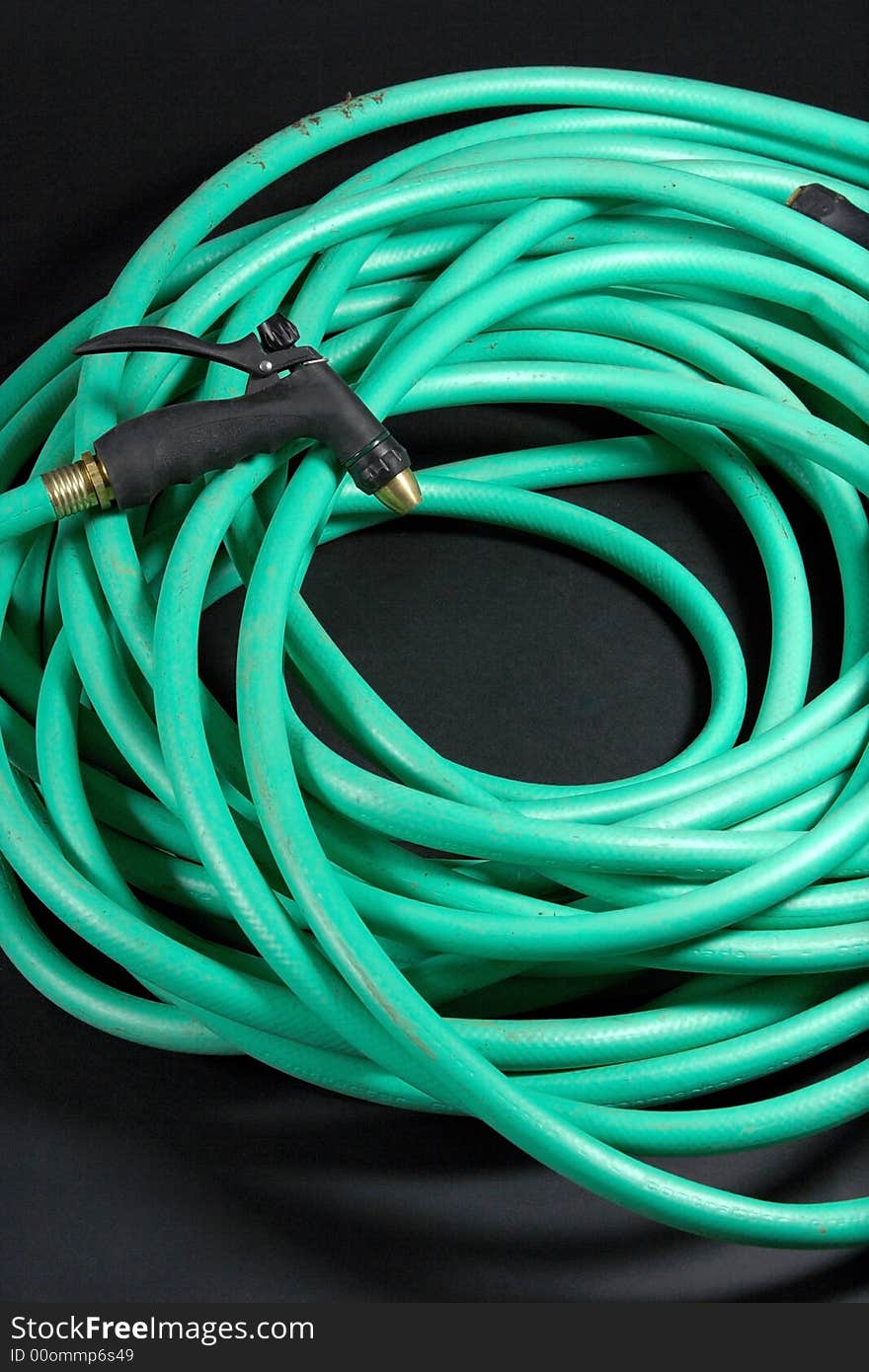 A garden hose coiled with a sprayer