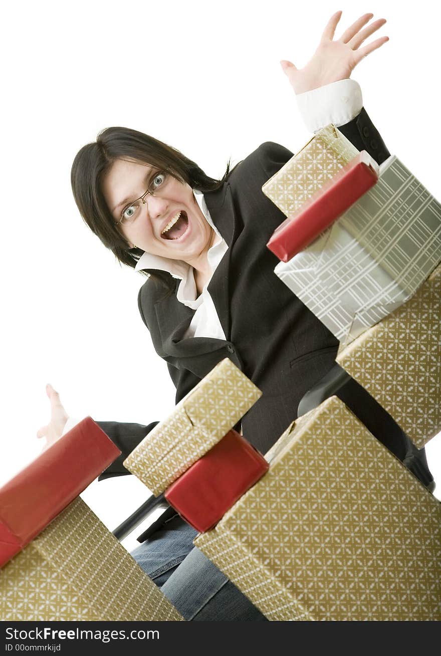 Joyful office girl with a heap of gifts. Joyful office girl with a heap of gifts