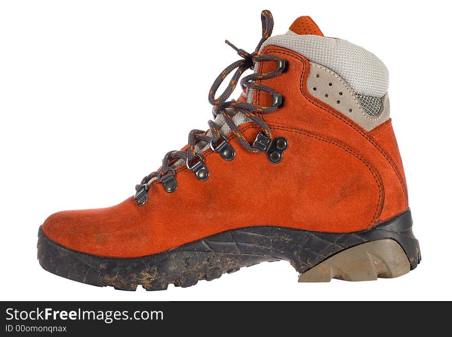 Single red trekking boot from side