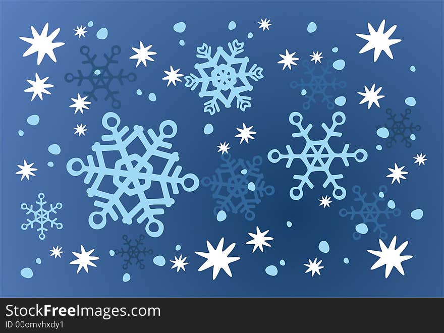 Blue snowflakes and stars on a blue ornate background. Christmas illustration. Blue snowflakes and stars on a blue ornate background. Christmas illustration.