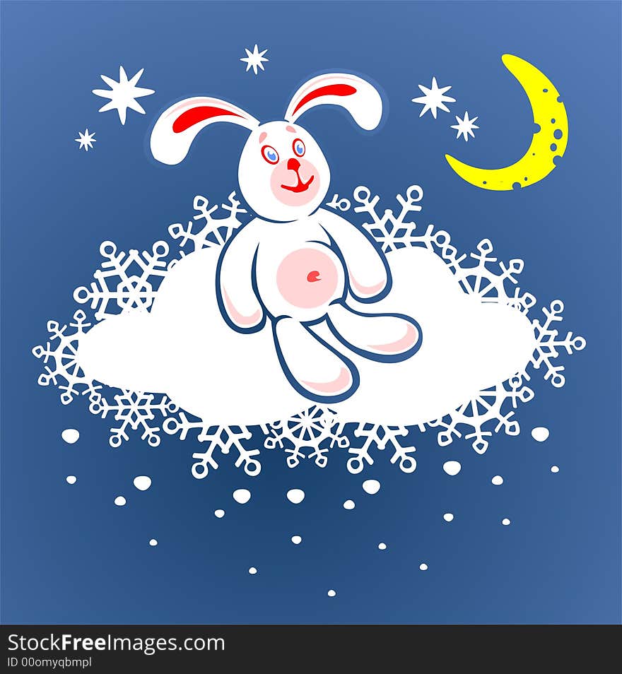 Cheerful rabbit and cloud on a background of the star sky. Digital illustration.