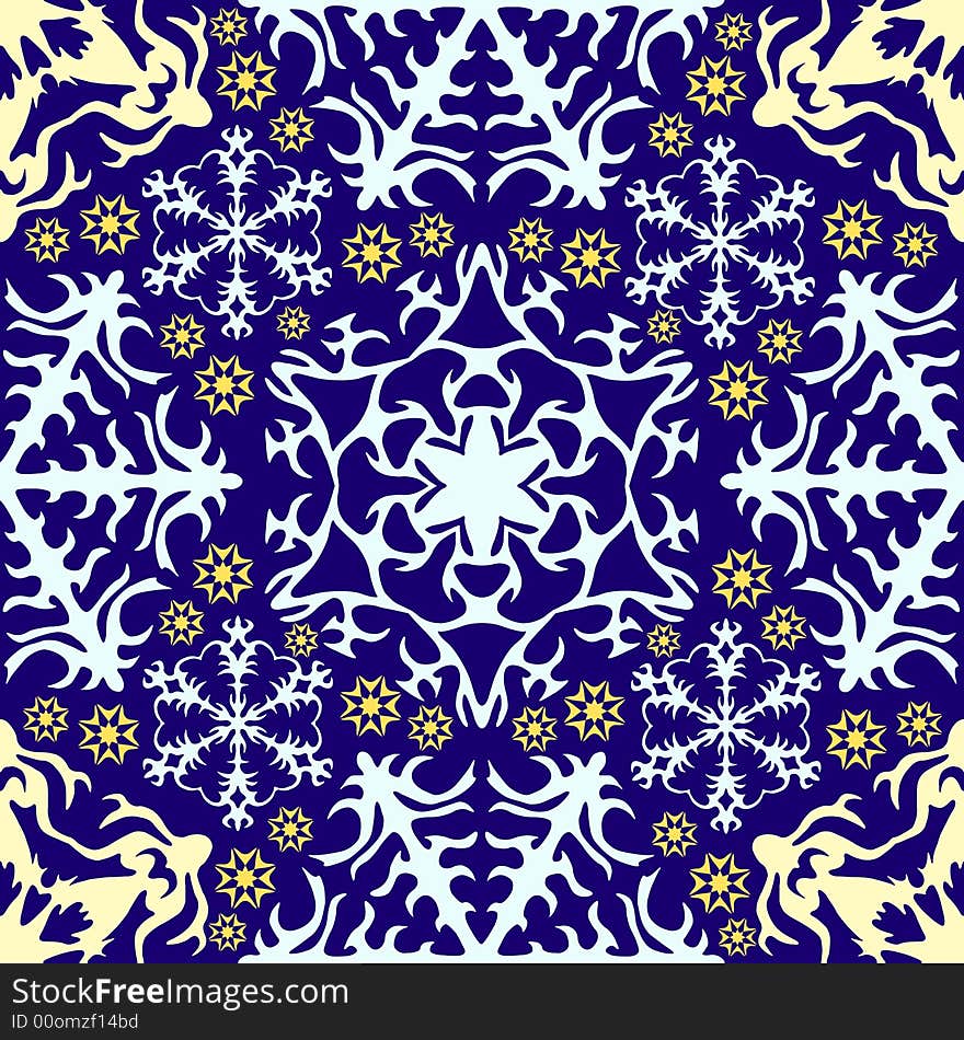 Stars and snowflakes in light colours on dark blue background. Seamless tile. Stars and snowflakes in light colours on dark blue background. Seamless tile.