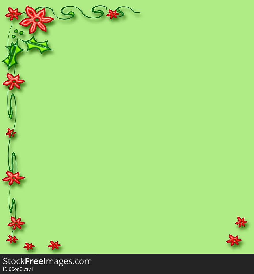 Red flowers holly and poinsettia frame on   green background