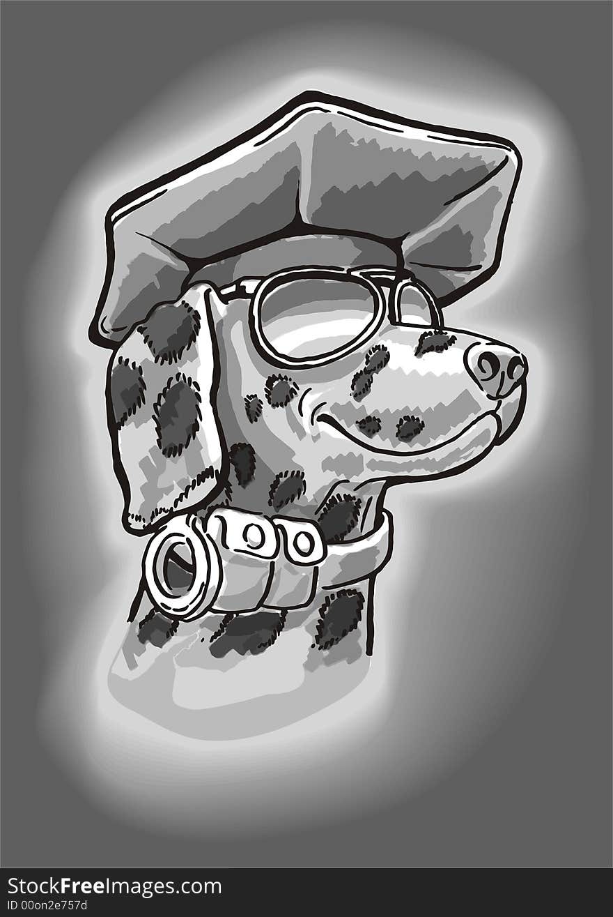 Head of Dalmatian Dog with police cap, american traditionally police sunglasses and handcuffs and cases on the collar as a policeman. Head of Dalmatian Dog with police cap, american traditionally police sunglasses and handcuffs and cases on the collar as a policeman