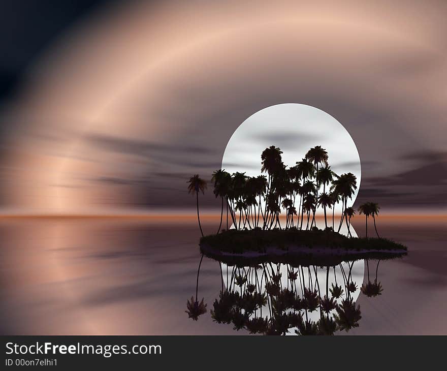 Sunset coconut palm trees on small island - 3d illustration.