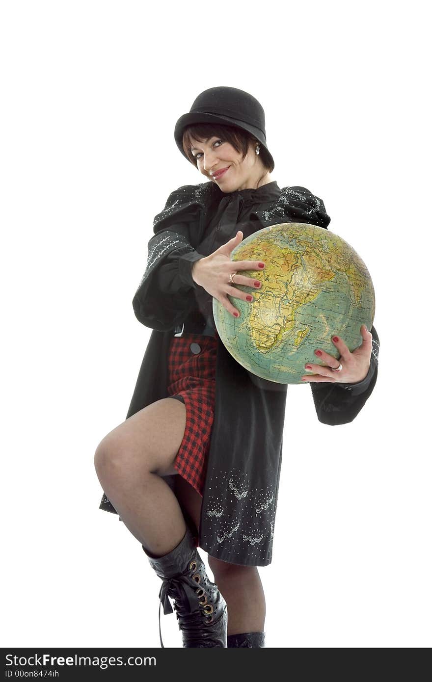 Beautiful brunette with valise and globe on isolated background