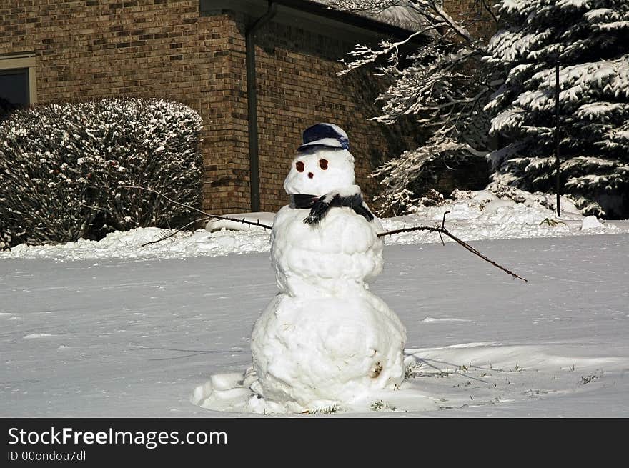 Cute stick armed snowman with hat.