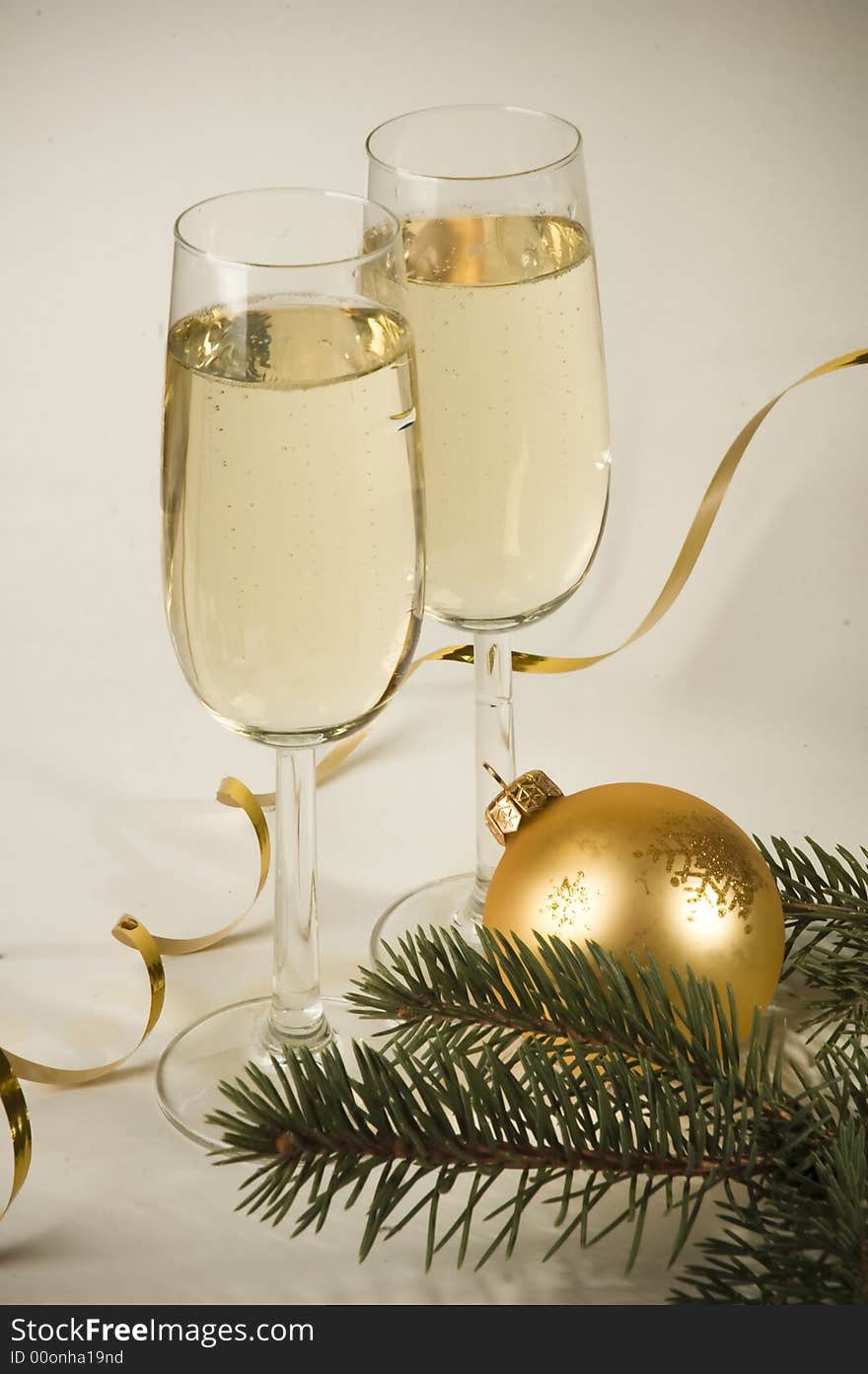 Champagne, cups and fir tree. Champagne, cups and fir tree