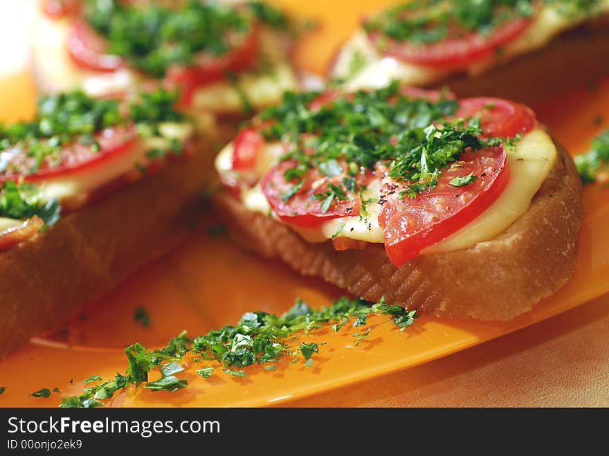 Bread with cheese and tomatoes. Bread with cheese and tomatoes