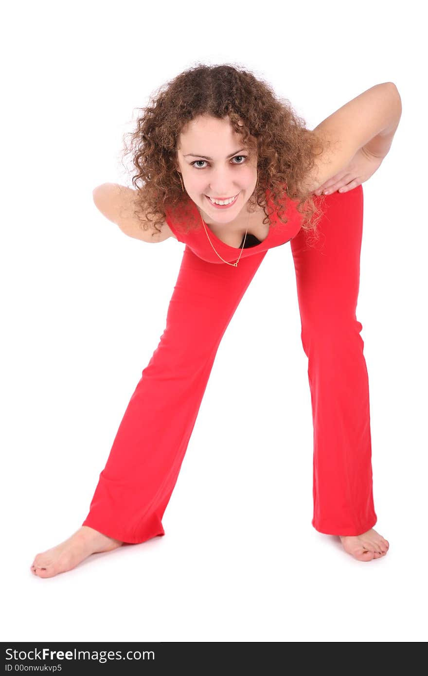 Stretching girl in red on white