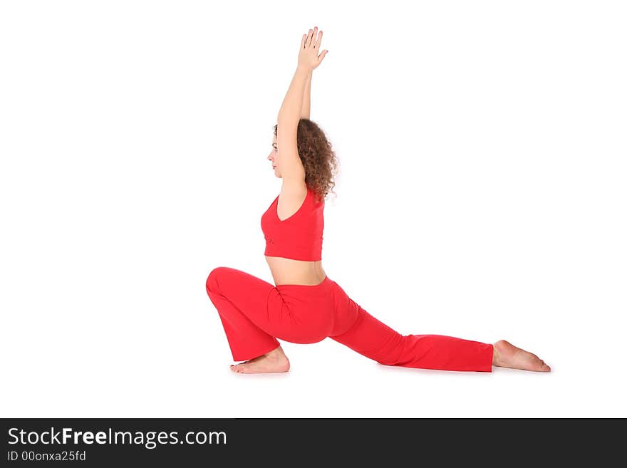 Yoga girl hands up on white