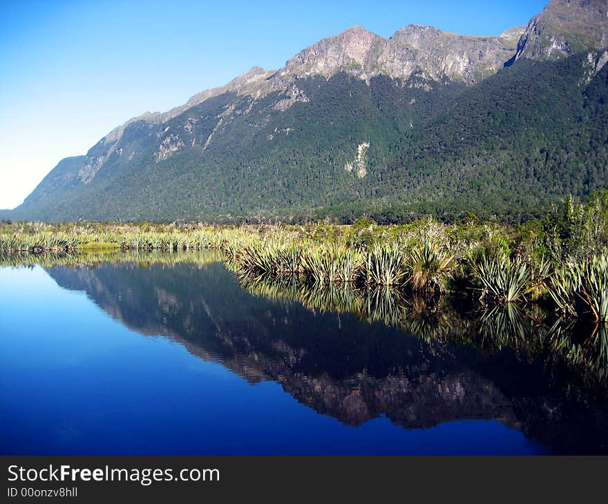 Mirror Lakes in south New Zealand by Milford Sound.