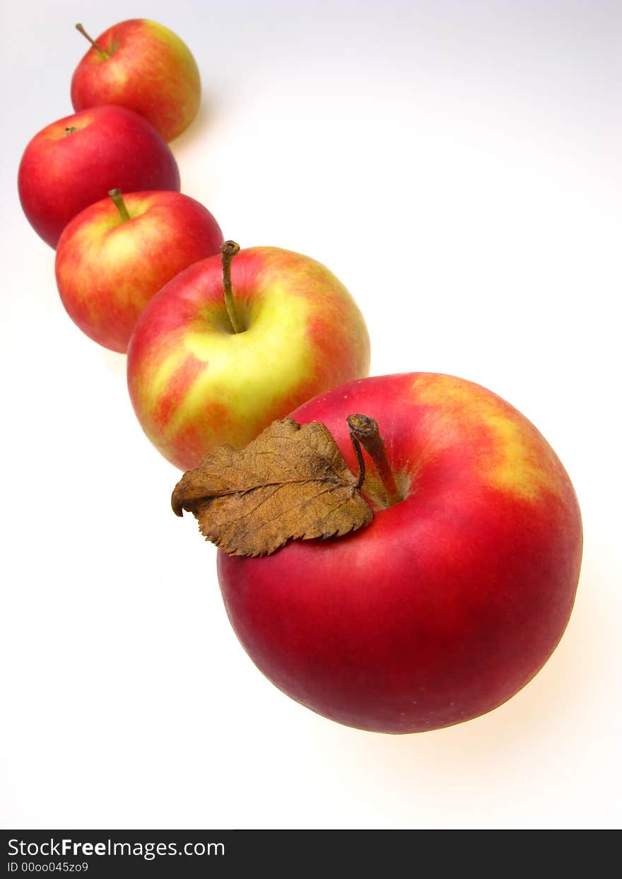 Five red apples on  white background