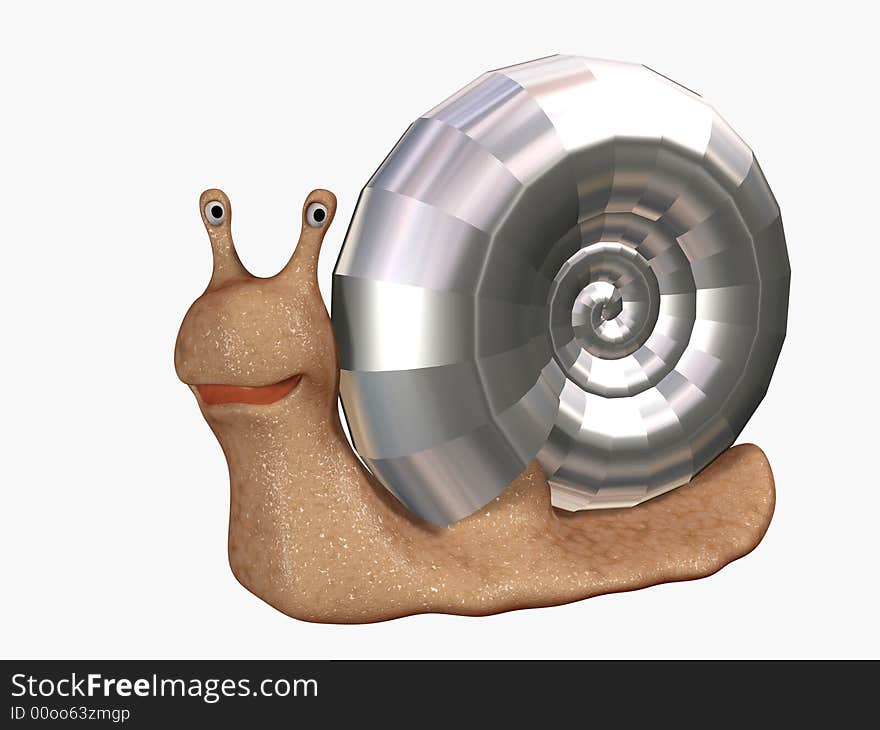 Smiling 3d snail with a bowl from chromeplated metal