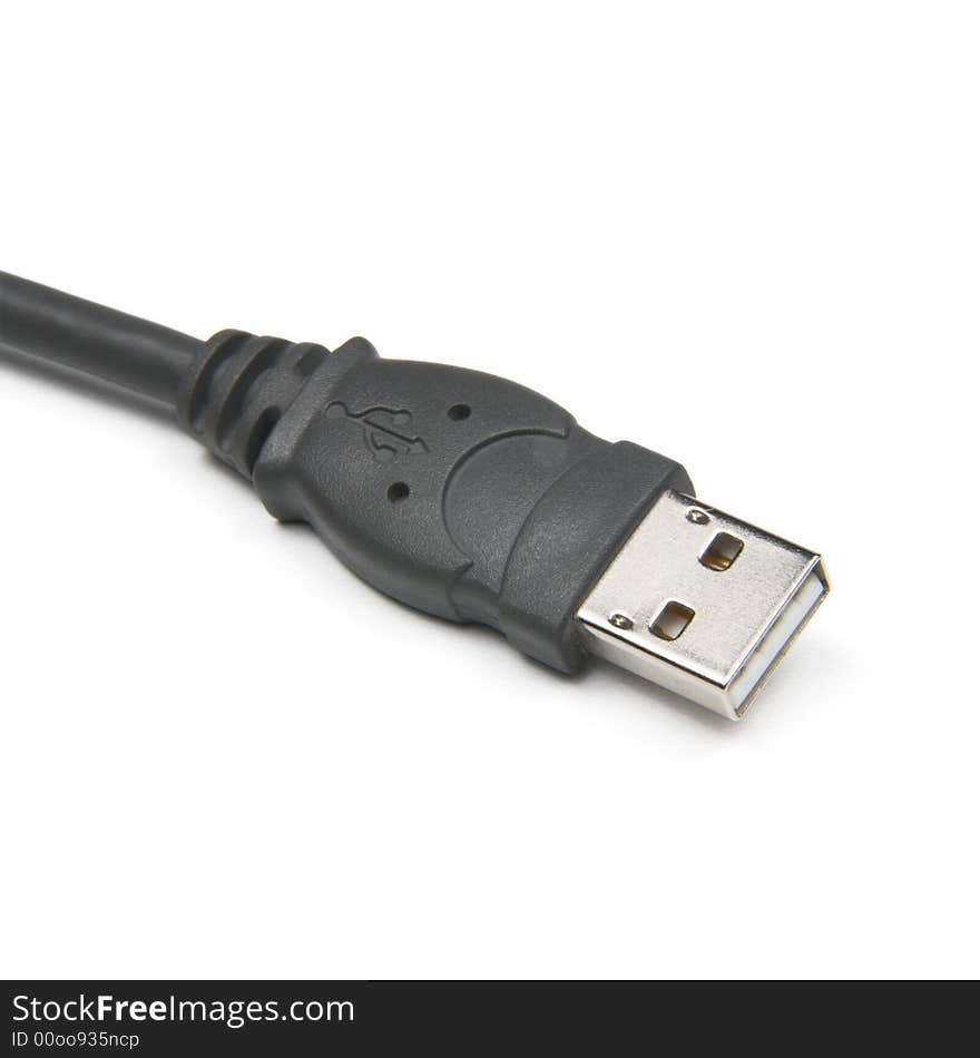 Business end of USB cable on white background