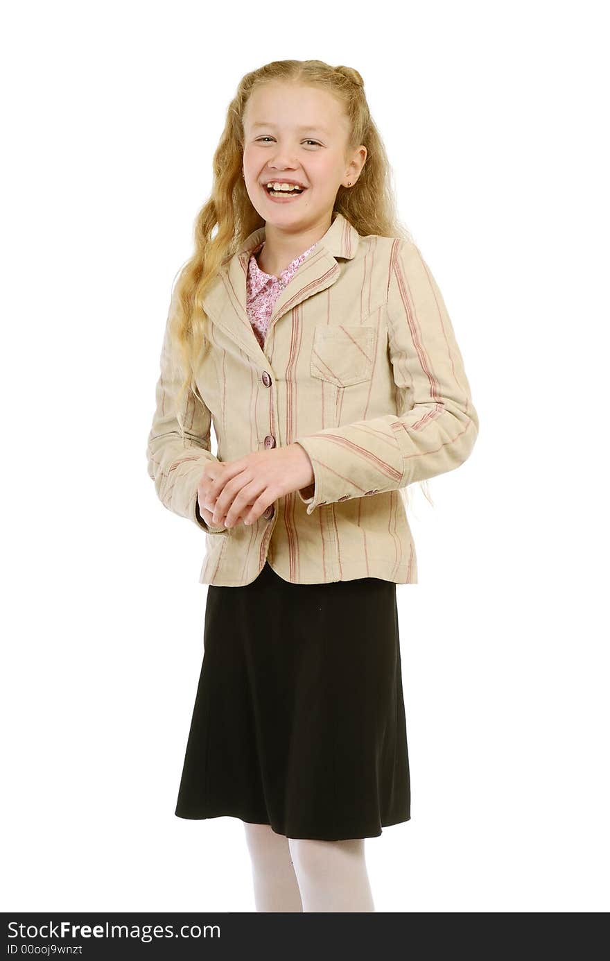 Portrait of the schoolgirl on a white background