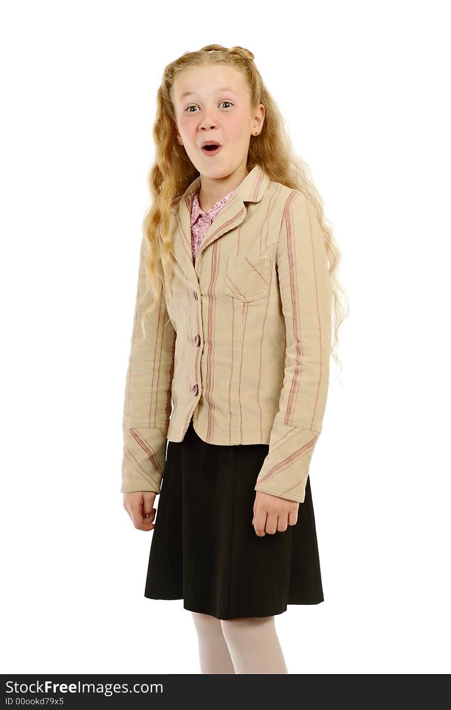 Portrait of the surprised schoolgirl on a white background