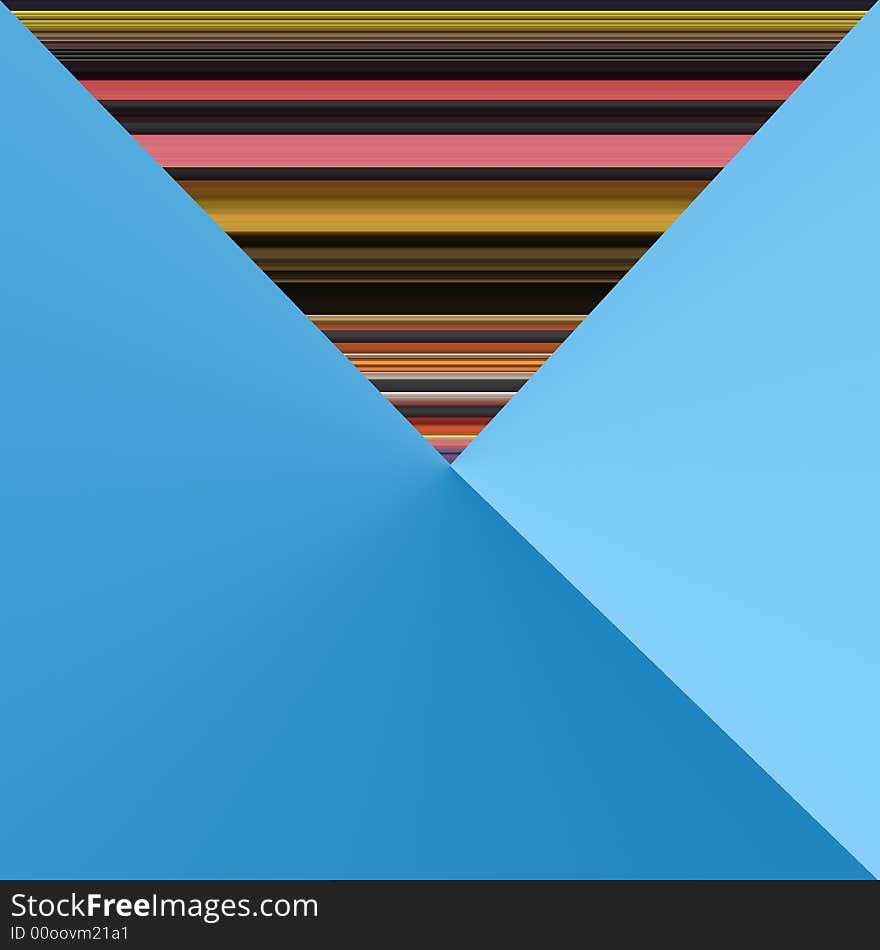 Colourful stripe abstract overlaid with blue shape.