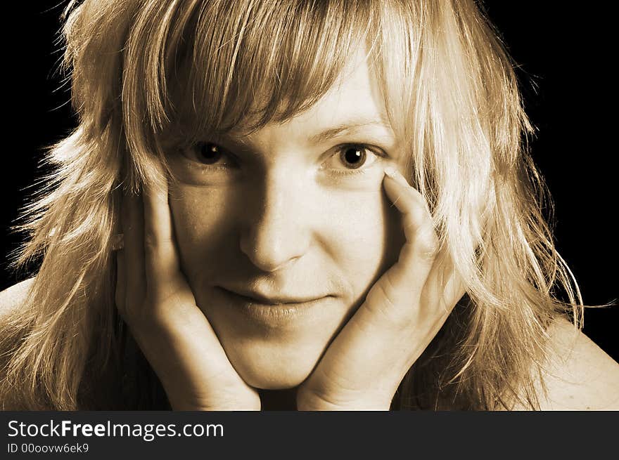 Portrait of a young woman. Close-up of face, frontal and horizontal; Black and White. Portrait of a young woman. Close-up of face, frontal and horizontal; Black and White