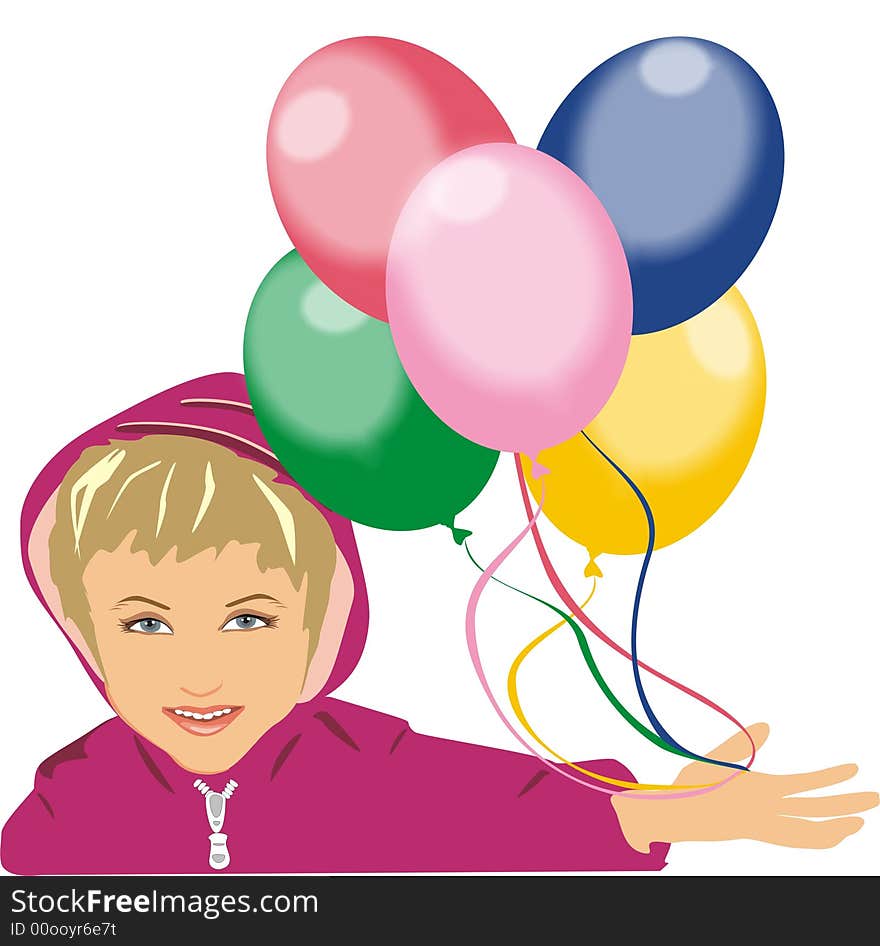 The child holds color balloons in a hand (vector). The child holds color balloons in a hand (vector)