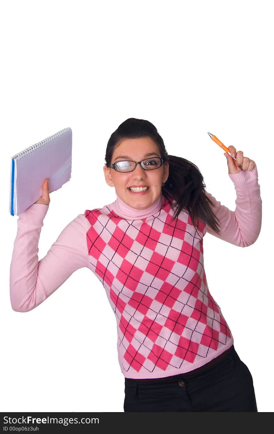 Young happy girl holding notebook isolated