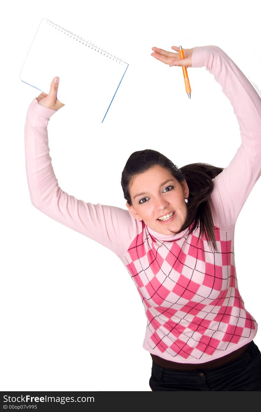 Young happy girl holding notebook isolated