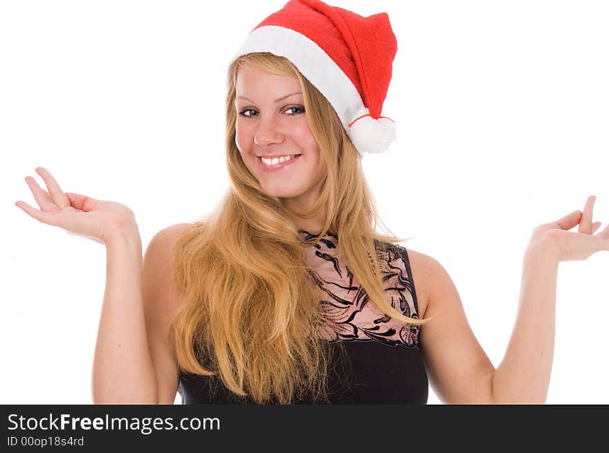 The young girl in the red hat, isolated on a white background. The young girl in the red hat, isolated on a white background