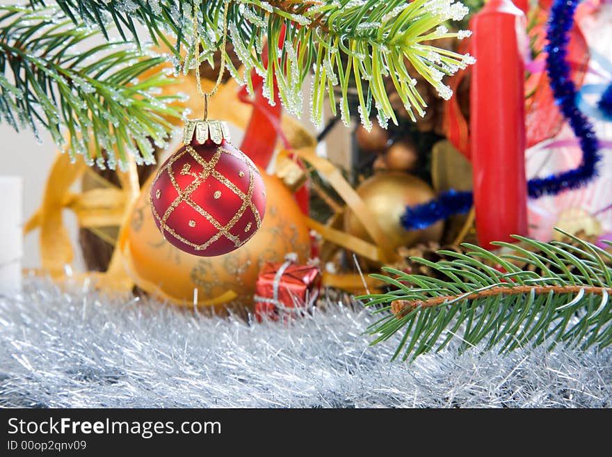 Christmas decorations of ball, ribbons and garlands. Christmas decorations of ball, ribbons and garlands.