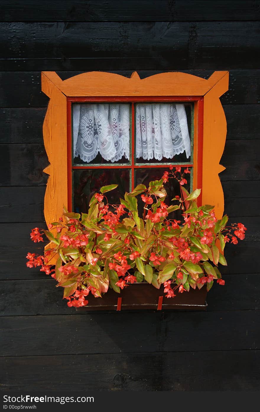 Colourful window with flowers and nice frame.