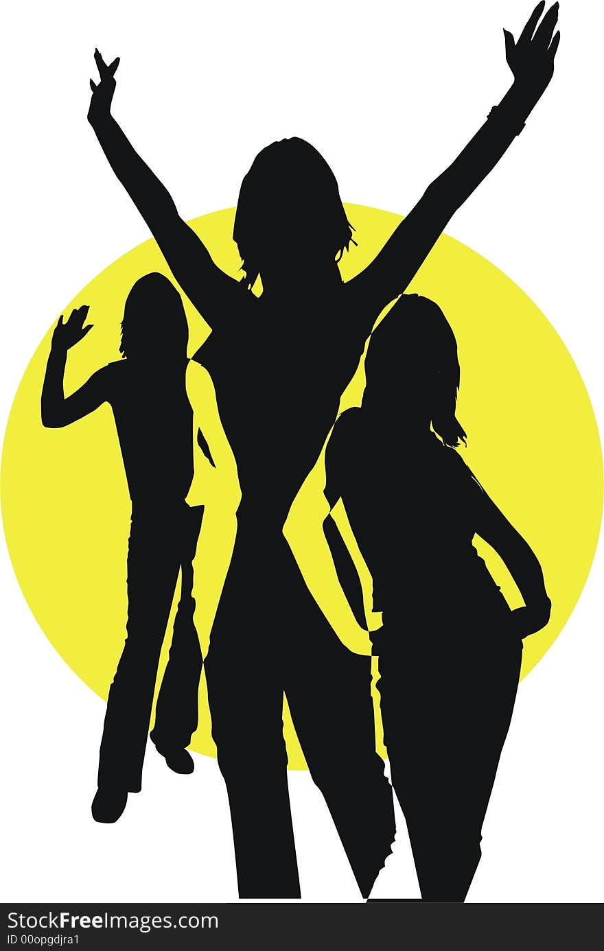 Black silhouettes of girls on a yellow background