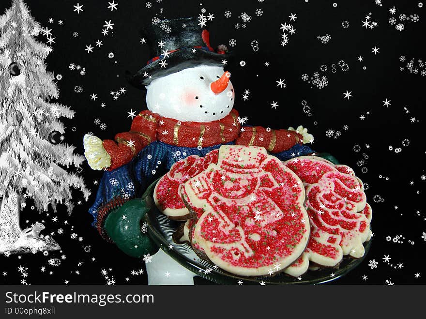 Snowman carrying a plateful of cookies in the snow. Snowman carrying a plateful of cookies in the snow.