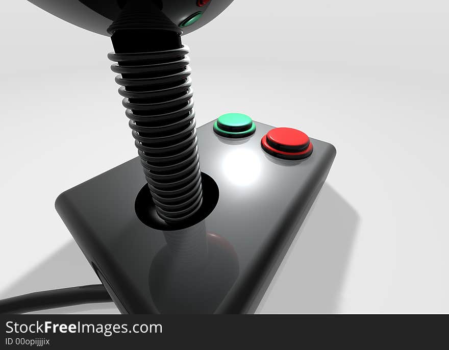 A retro game pad/ joystick 3D model its main color is silver and have two buttons one a green one and red  with a unique camera perspective shot placed on a white reflective background. A retro game pad/ joystick 3D model its main color is silver and have two buttons one a green one and red  with a unique camera perspective shot placed on a white reflective background.