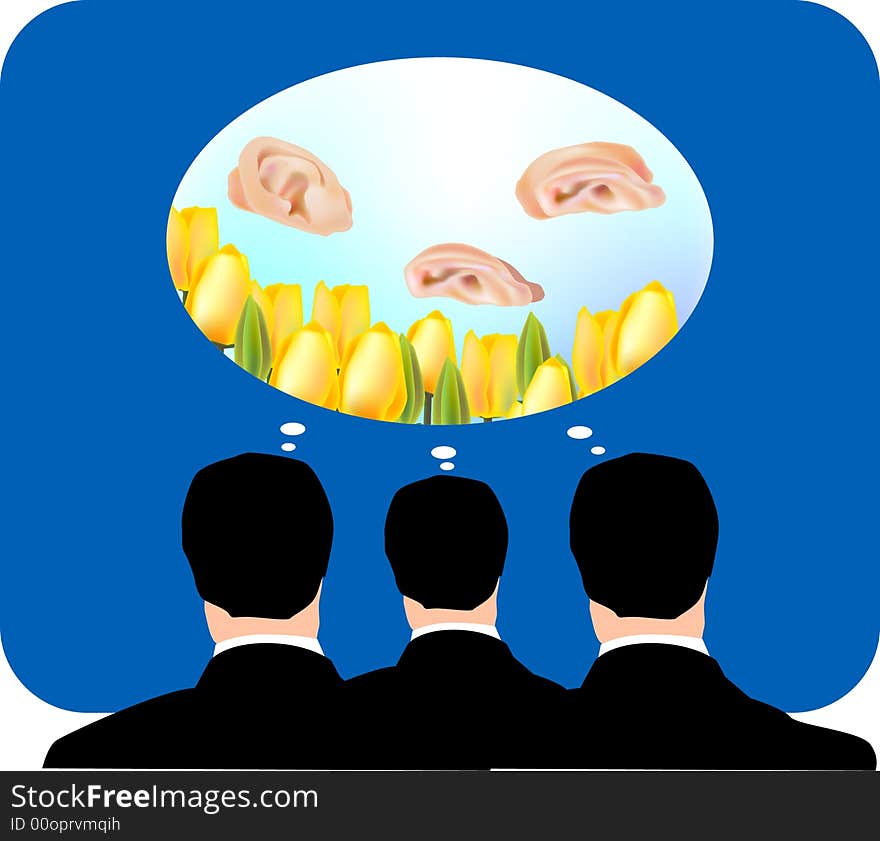 Vector illustration for three business man in a boring meeting, but they not listening, their ears just like butterfly flying away, metaphors. Vector illustration for three business man in a boring meeting, but they not listening, their ears just like butterfly flying away, metaphors