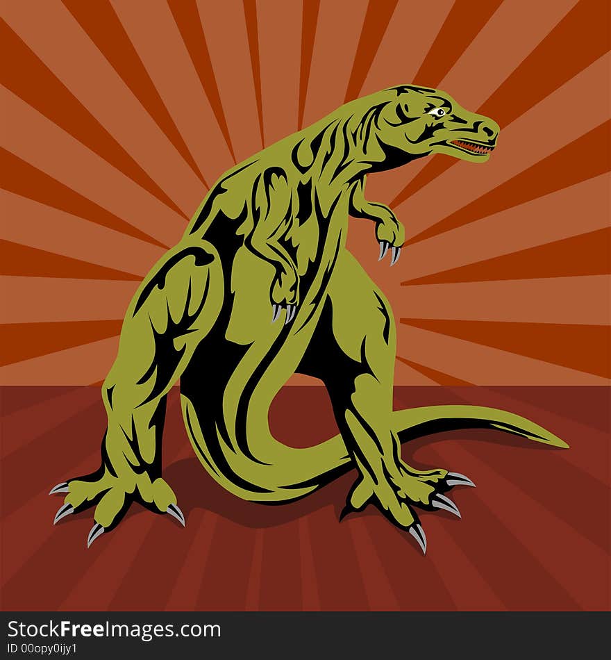 Vector art of a Tyrannosaurus rex with sunburst