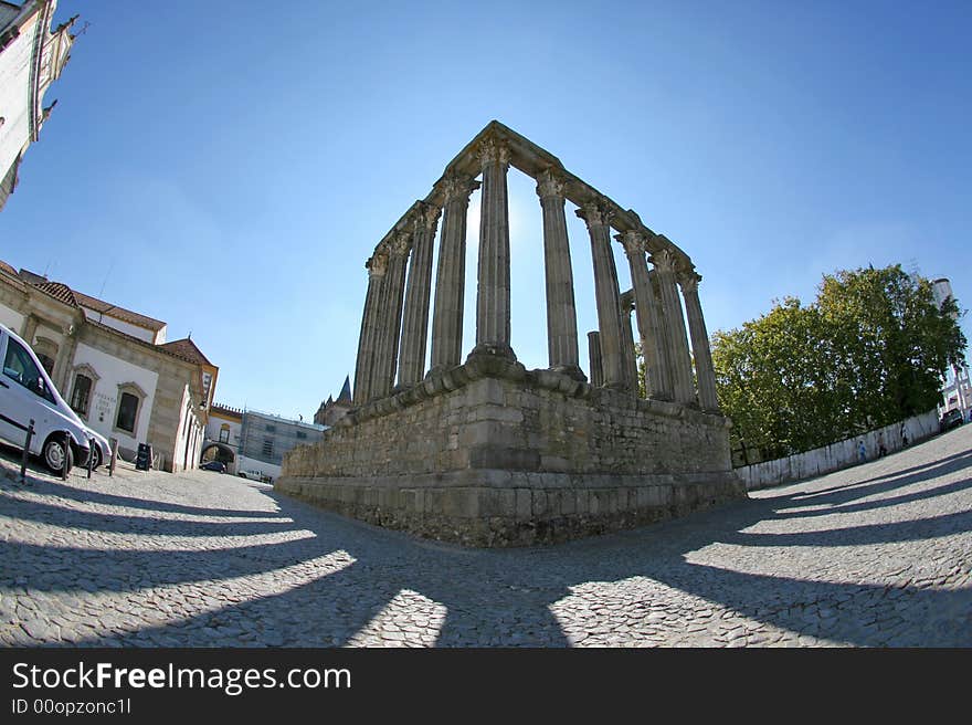 Fisheye perspective of the roman temple in evora. Fisheye perspective of the roman temple in evora