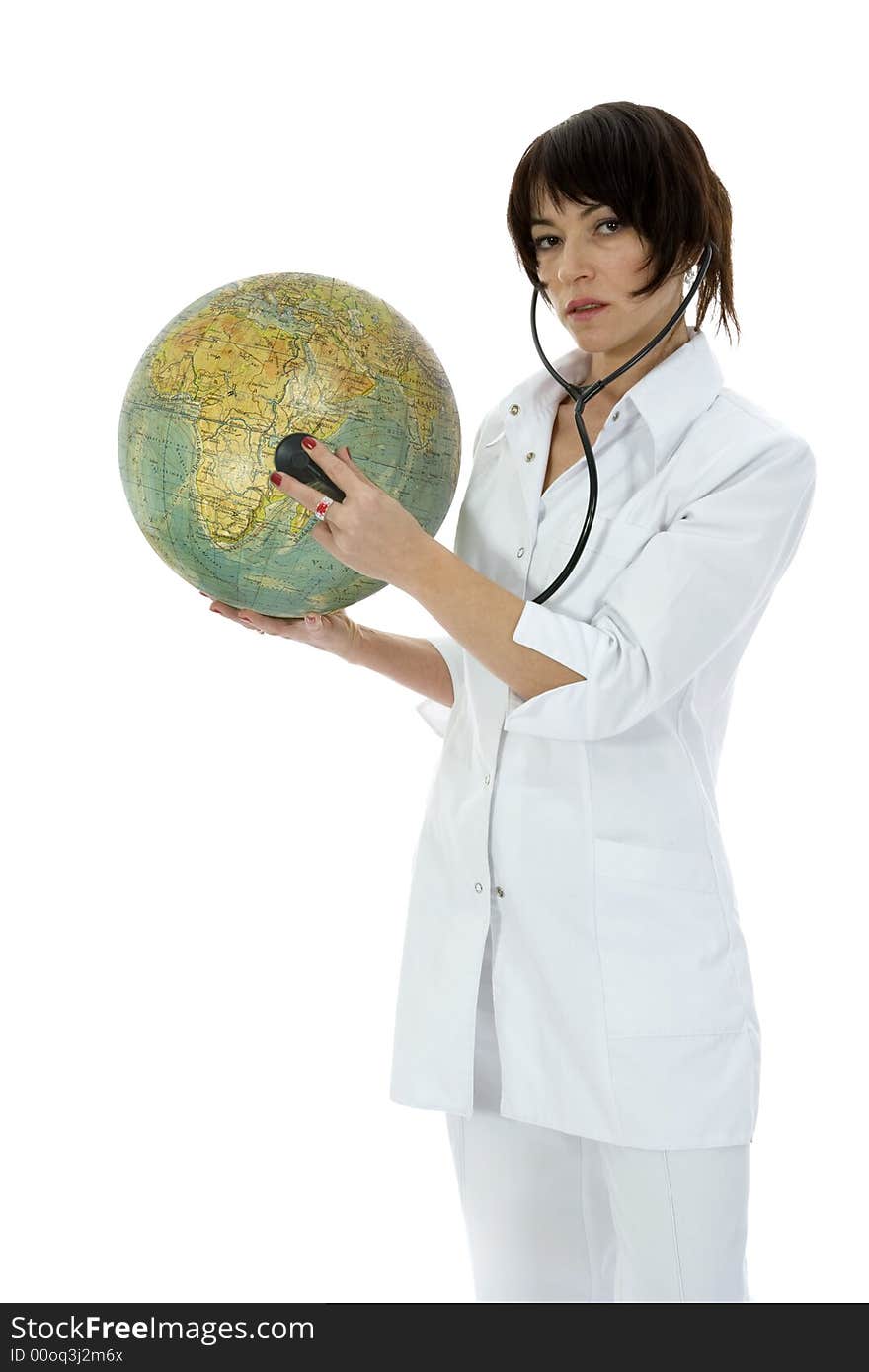 Young doctor with stethoscope and globe on isolated background