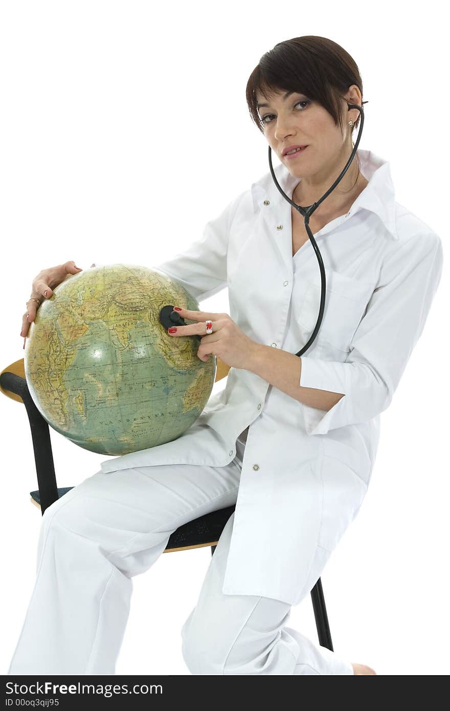 Young doctor with stethoscope and globe on isolated background