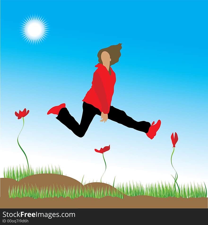 The woman runs on a flower meadow, illustration