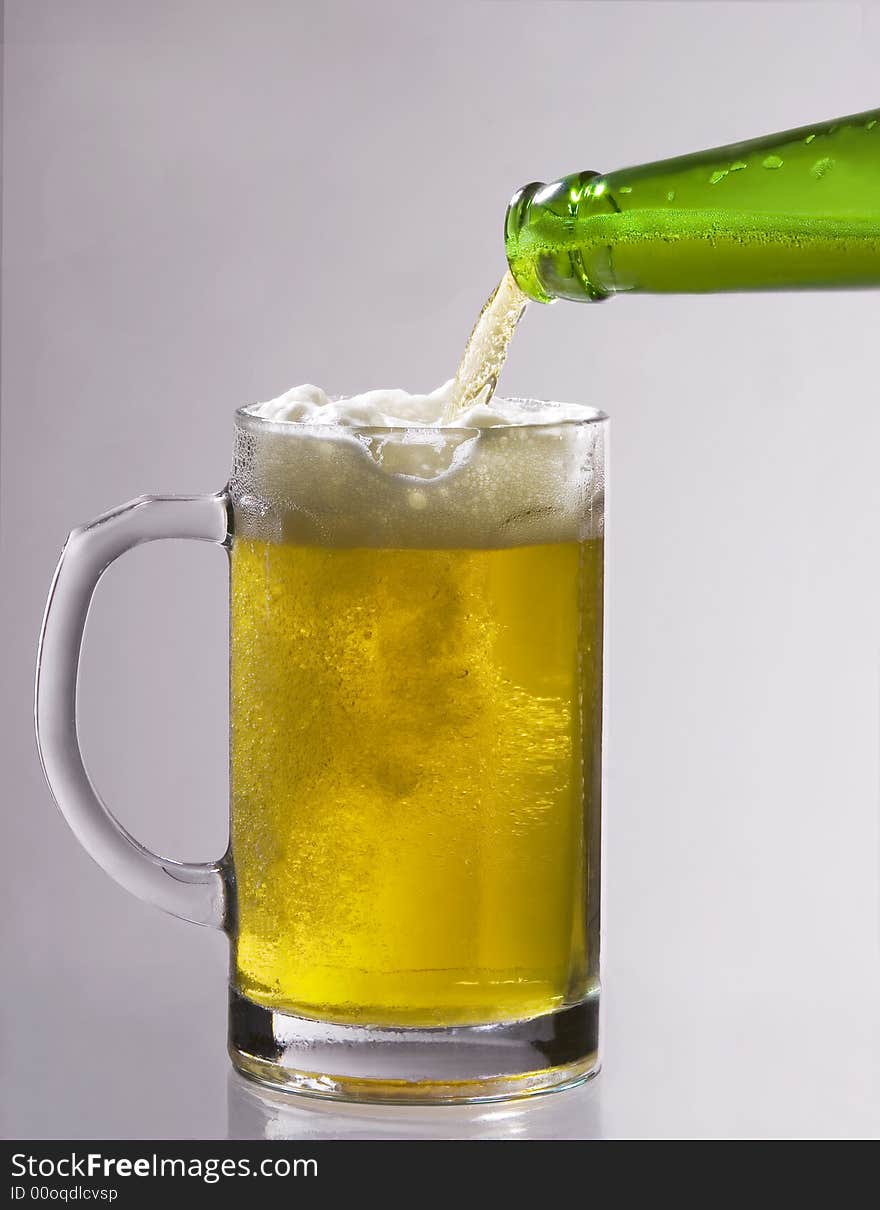 alcohol, beer, bottle, bubble, close-up, cold, drink, froth, glass, gold, isolated, lager, liquid, mug, white, yellow