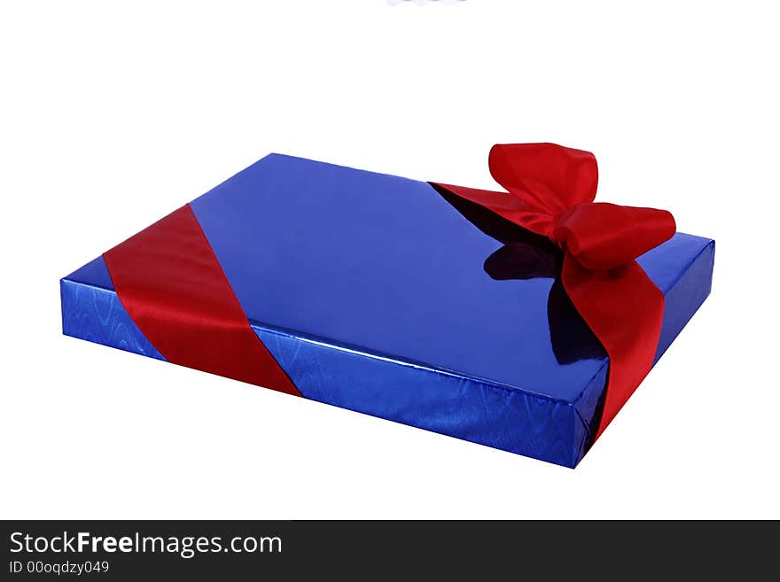blue gift box with a red satin bow. blue gift box with a red satin bow