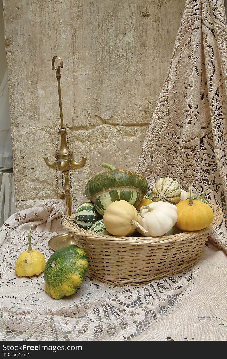 Decorative pumpkins in a basket