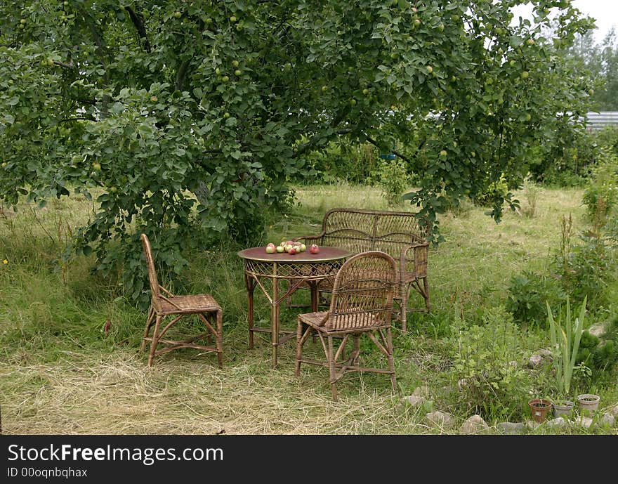 The table under apple garden