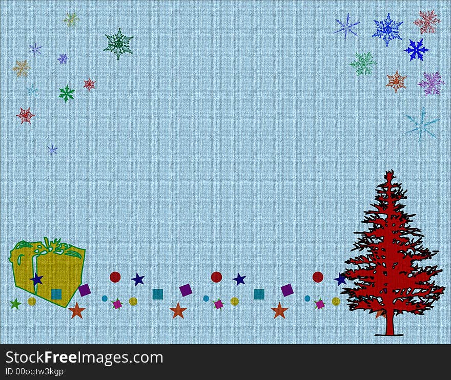 Blue textured background with red christmas tree, yellow box and colored snowflakes. Blue textured background with red christmas tree, yellow box and colored snowflakes