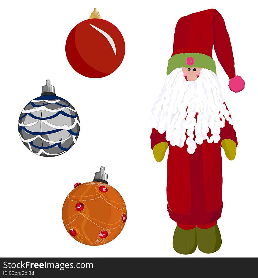 A santa doll with 3 baubles. A santa doll with 3 baubles