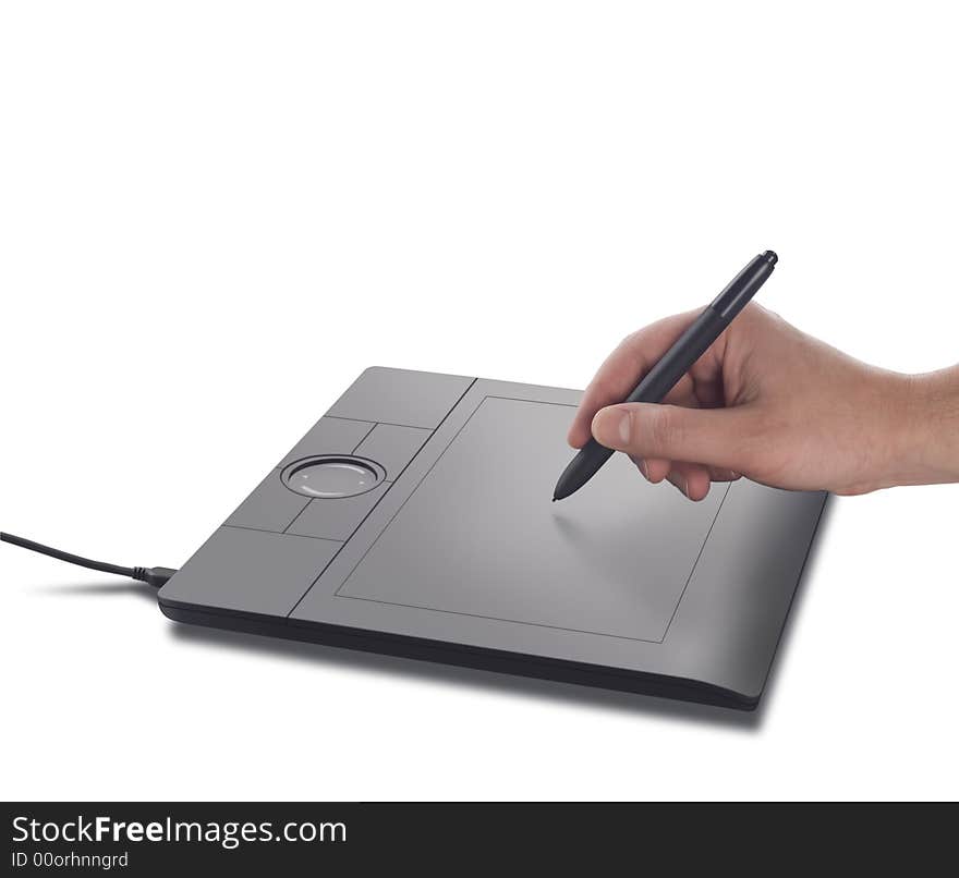 Hand with pen and digitizer on white background. Hand with pen and digitizer on white background