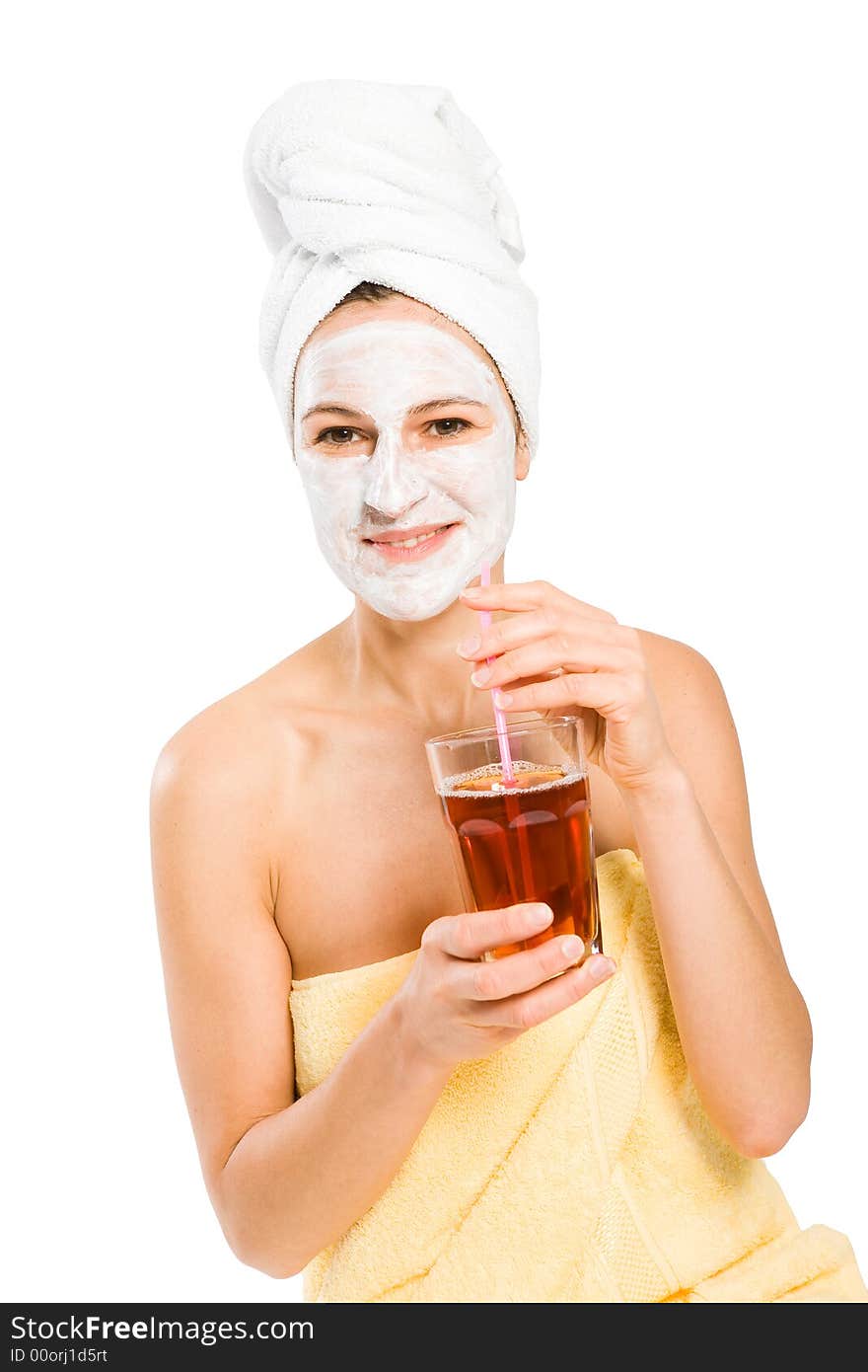 Woman with Sauna Outfit while drinking something. Woman with Sauna Outfit while drinking something