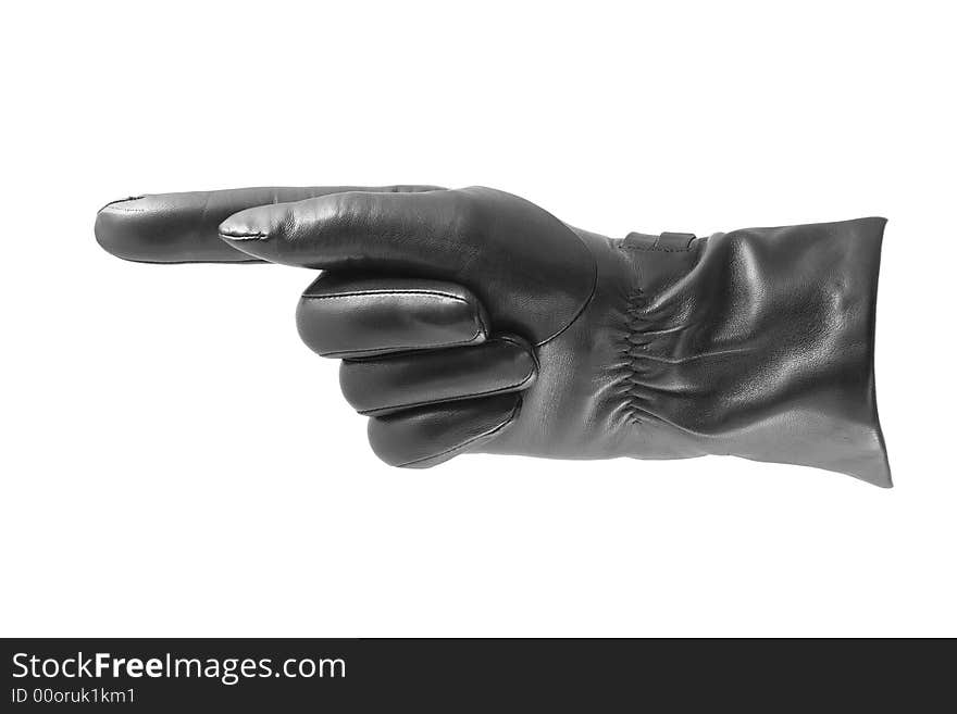 Black glove - direction gesture - isolated on white. Black glove - direction gesture - isolated on white