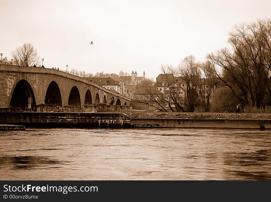 Medieval bridge over the Danube River in Germany. Medieval bridge over the Danube River in Germany.